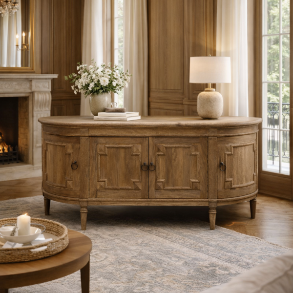 Ce buffet en bois de manguier se distingue par ses angles arrondis et ses lignes douces. Le veinage naturel du bois apporte chaleur et caractère à l’ensemble.