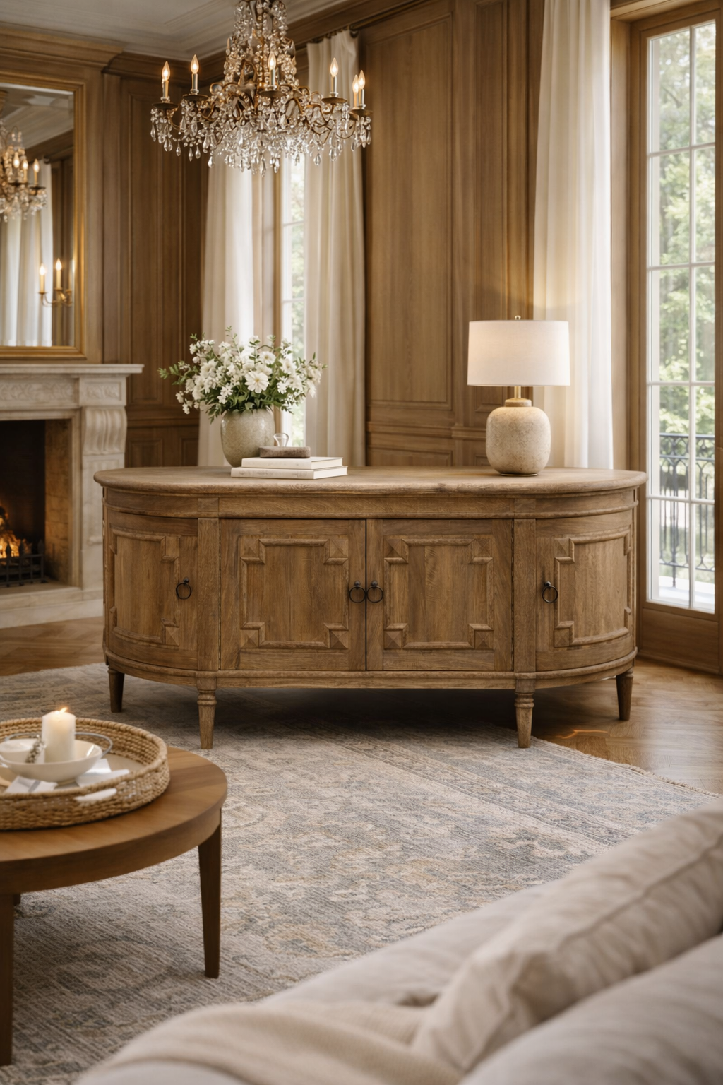 Ce buffet en bois de manguier se distingue par ses angles arrondis et ses lignes douces. Le veinage naturel du bois apporte chaleur et caractère à l’ensemble.